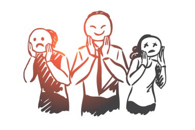 İnsanlar, duygular, maske, yüz, ruh kavramı. El farklı insan duyguları kavramı kroki çekilmiş. İzole vektör çizim.