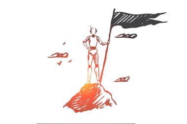 Robot, kazanan, teknoloji, şampiyon, makinesi konsepti. El bayrak üstünde tepe-in dağ kavramı kroki ile çizilen robot. İzole vektör çizim.