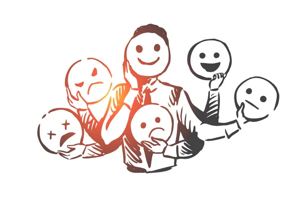 Kişi, duygular, maske, yüz, ruh kavramı. Elle çizilmiş izole vektör.