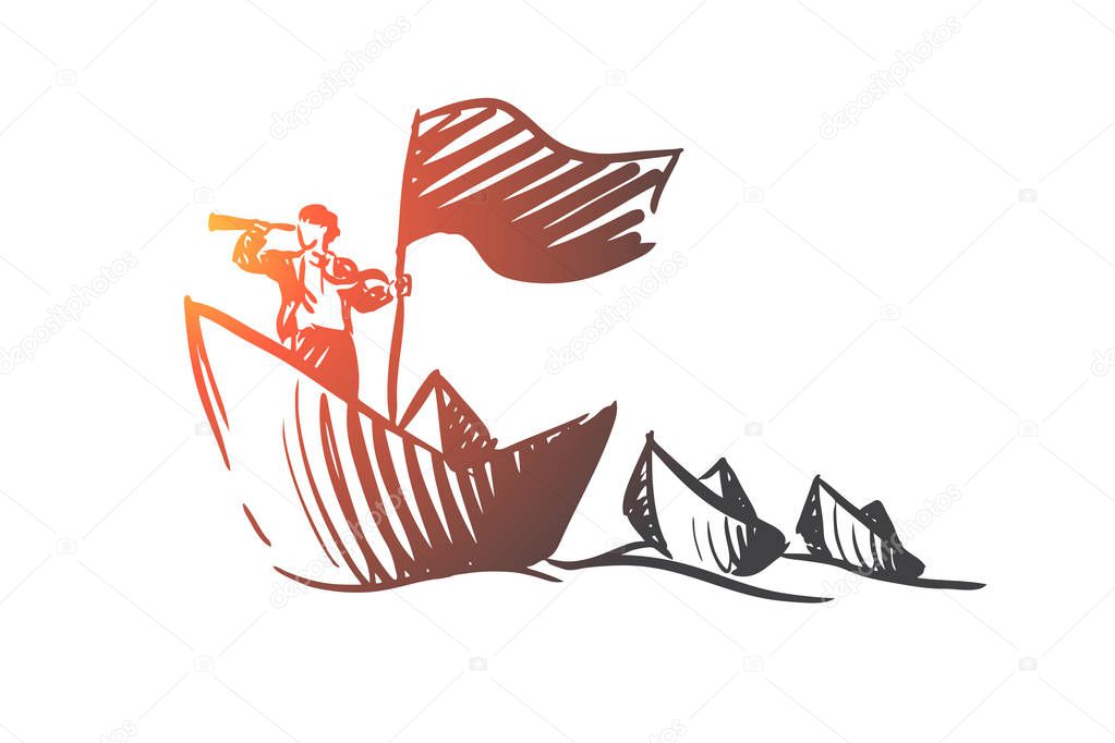 Strategy, course, boat, view, businessman concept. Hand drawn isolated vector.