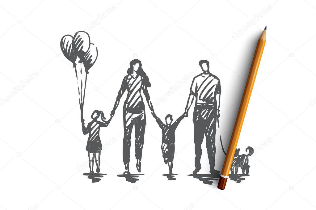 Family time, mother, kids, happy, father concept. Hand drawn isolated vector.