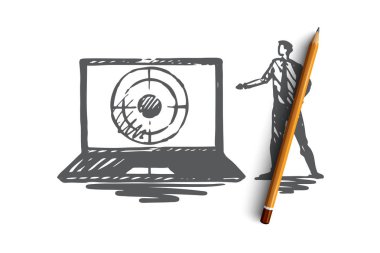 Seo, pazarlama, optimizasyon, arama, medya kavramı. Elle çizilmiş izole vektör.
