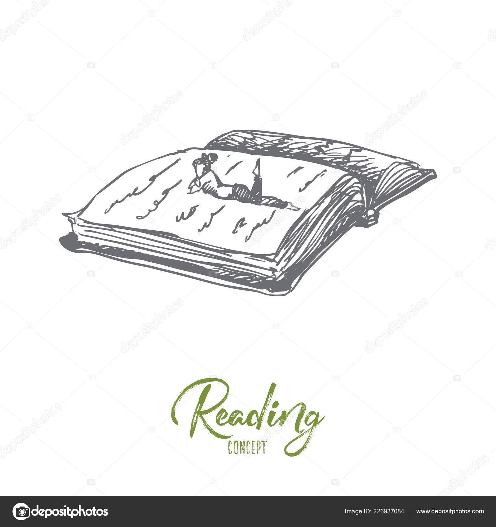 Hand holding open book. Line art. Reading, education concept. Hand