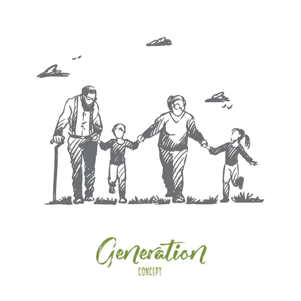 Avó, avô, netos, família, conceito de geração. Vetor isolado desenhado à mão . — Vetor de Stock