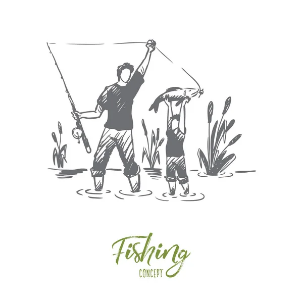 Fishing, father, son, family concept. Hand drawn isolated vector. — Stock Vector