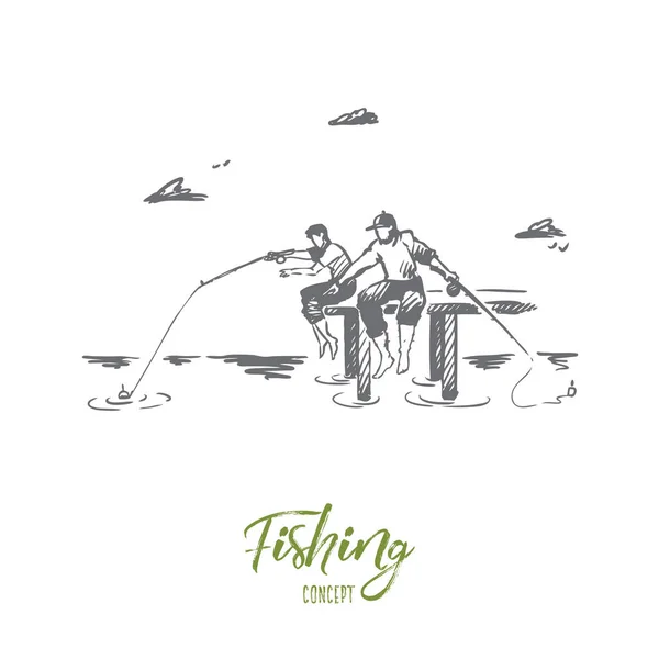 Pesca, amigos, dos, concepto de vacaciones. Vector aislado dibujado a mano . — Archivo Imágenes Vectoriales