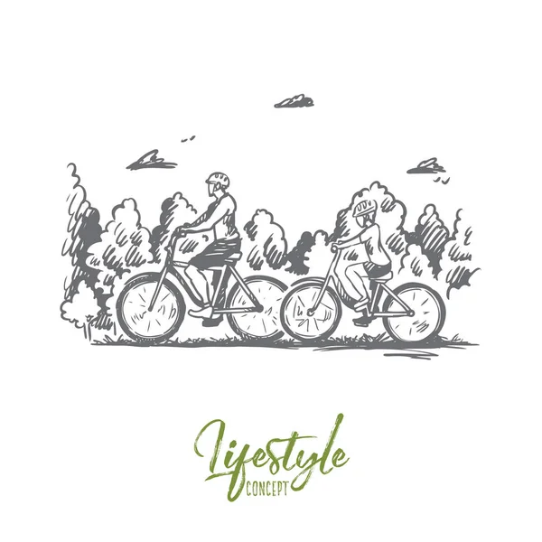 Family, bicycle, sport, happy, lifestyle concept. Hand drawn isolated vector. — Stock Vector