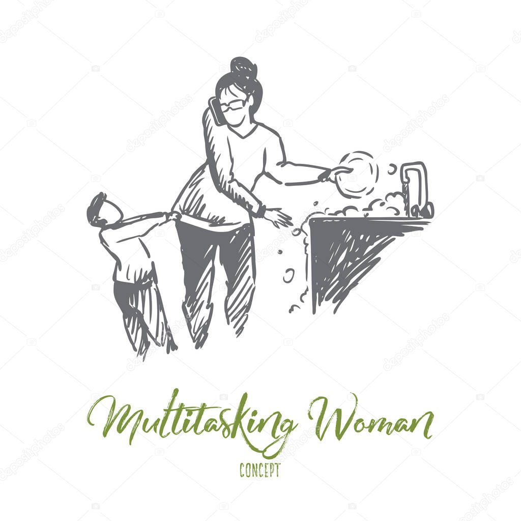 Multitasking woman concept. Hand drawn isolated vector.