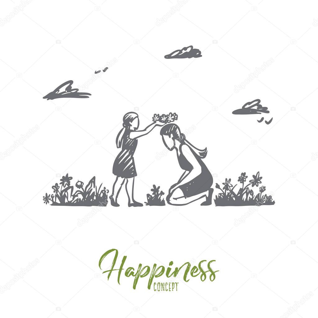 Mom, daughter, garden, happiness, family concept. Hand drawn isolated vector.