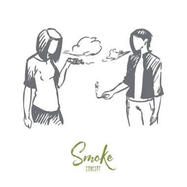 Vape, e-sigara, kız, duman kavramı. Elle çizilmiş izole vektör.