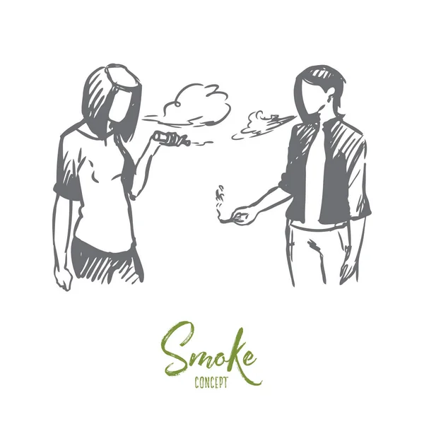 Vape, cigarette électronique, fille, concept de fumée. Vecteur isolé dessiné à la main . — Image vectorielle