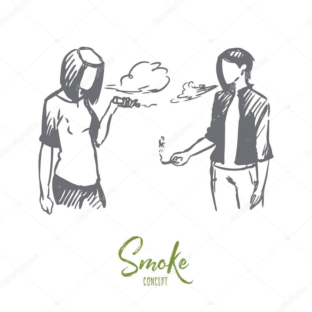 Vape, e-cigarette, girl, smoke concept. Hand drawn isolated vector.