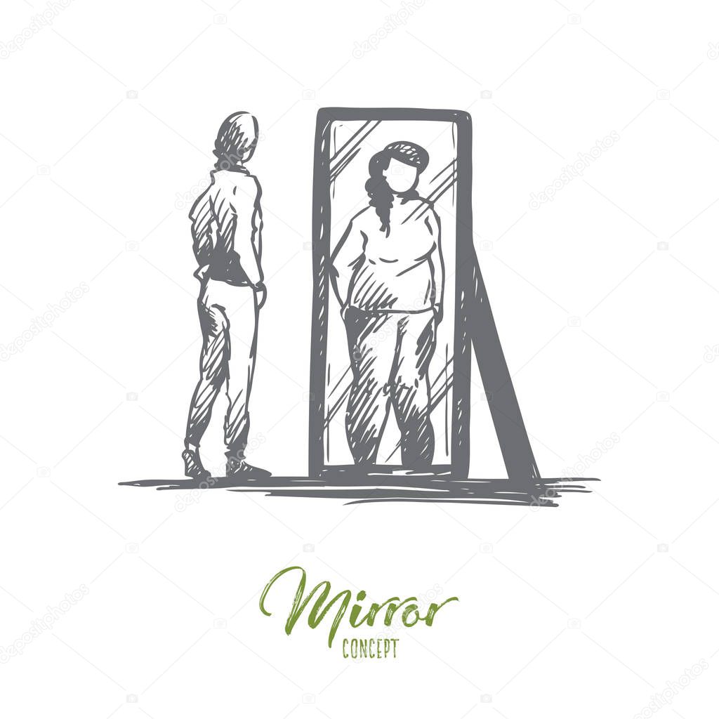 Girl, mirror, body, distorted, weight concept. Hand drawn isolated vector.