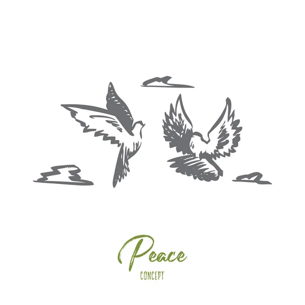 Libertà, pace, coppia, volo, concetto di uccelli. vettore isolato disegnato a mano . — Vettoriale Stock