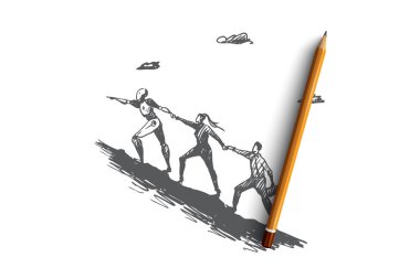 Hedef, takım, destek, ileri, motivasyon, Otomasyon kavramı. Elle çizilmiş izole vektör.