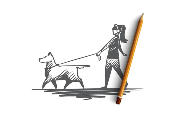 Promenade, animal de compagnie, chien, style de vie, concept chérie. Vecteur isolé dessiné à la main . — Image vectorielle