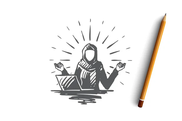 Relajación, meditación, hijab, Islam, concepto de mujer de negocios. Vector aislado dibujado a mano . — Vector de stock