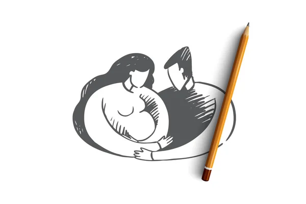 Zwangerschap, man, vrouw, samen, familie concept. Hand getekende geïsoleerde vector. — Stockvector