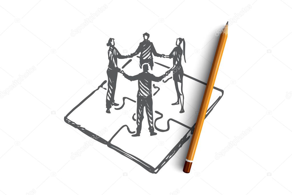 Teamwork, marketing, strategy, business, communication concept. Hand drawn isolated vector.
