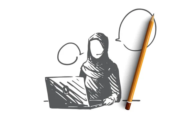 Soutien, communication, service, islam, concept de hijab. Vecteur isolé dessiné à la main . — Image vectorielle