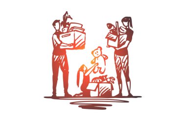 Hareketli, yer değiştirme, düz birlikte kavramı değişen bir aile. Elle çizilmiş kroki izole illüstrasyon