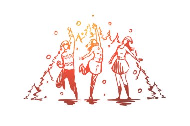 Noel, yeni yıl, arkadaş kavramı ile kutluyor. Elle çizilmiş kroki izole illüstrasyon