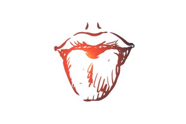 Tat, dil, anlam, yalamak, dudakların kavram. Elle çizilmiş izole vektör.