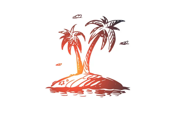 Palm, ada, ağaç, yaz, plaj kavramı. Elle çizilmiş izole vektör. — Stok Vektör