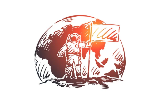 Démarrage, leadership, concept d'astronaute. Esquisse dessinée à la main illustration isolée — Image vectorielle