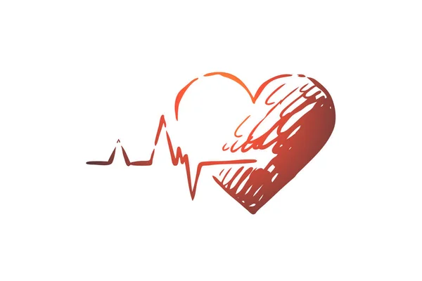 Sănătate, inimă, îngrijire, bătăi ale inimii, concept cardiogramă. Vector izolat tras manual . — Vector de stoc