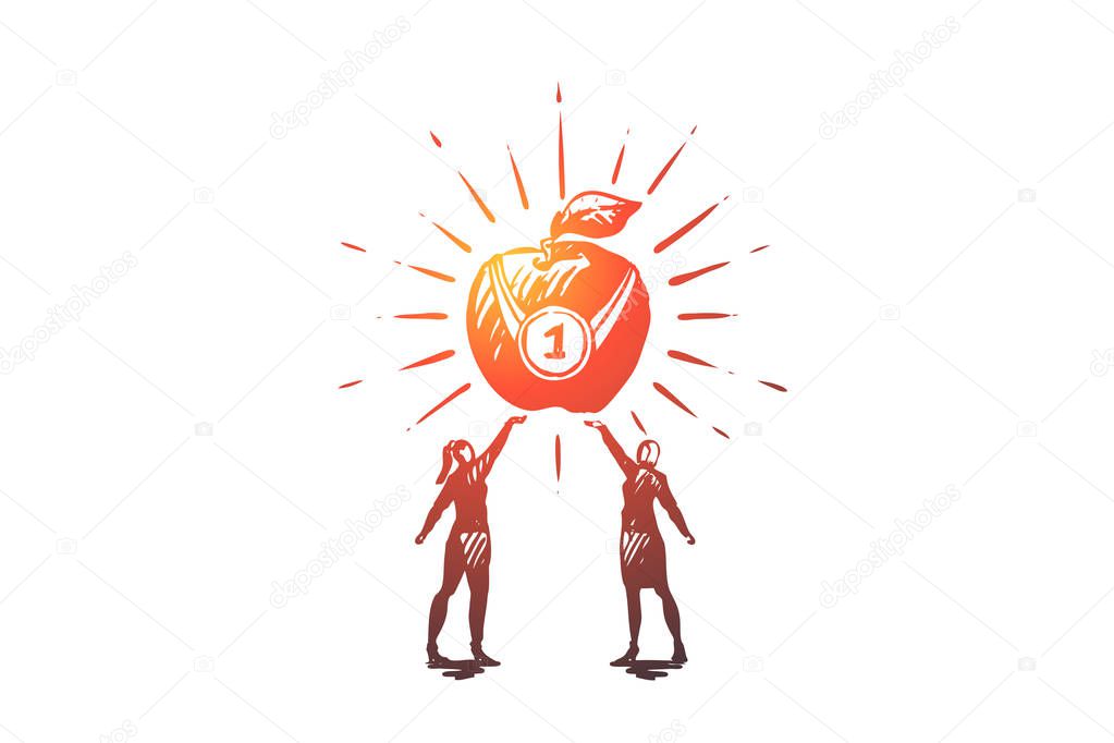 Vegetarianism, vegetarian healthy lifestyle, clean eating vector concept. Two women reaching for shiny big apple with fisrt prize medal. Hand drawn sketch isolated illustration