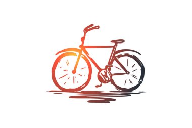 Bisiklet, döngüsü, yolculuk, tekerlek, Bisiklet kavramı. Elle çizilmiş izole vektör.