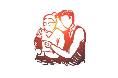 Genç adam telefonu eski kadın kavramı kullanmayı öğrenir. Elle çizilmiş kroki izole illüstrasyon