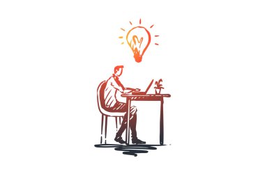 Fikir, iş, iş, laptop, yaratıcılık kavramı. Elle çizilmiş izole vektör.