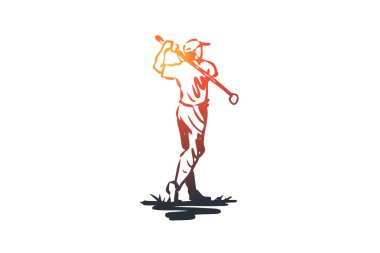 Golf, adam, top, oyun, spor kavram. Elle çizilmiş izole vektör.