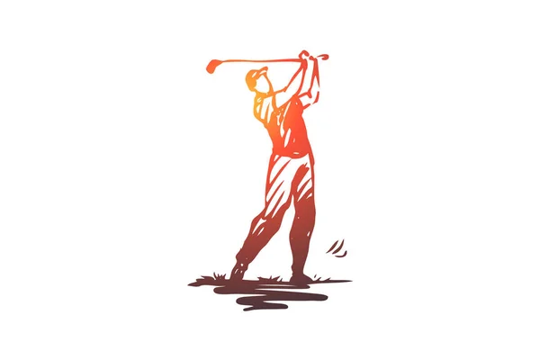 高尔夫, 打高尔夫球, 玩, 游戏, 设备的概念。手绘的被隔绝的向量. — 图库矢量图片