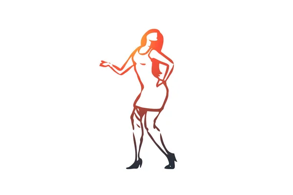 Danse, femme, fille, actif, concept de fête. Vecteur isolé dessiné à la main . — Image vectorielle