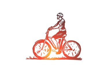 Bisiklet, bisikletçi, spor, Yarış, adam kavramı. Elle çizilmiş izole vektör.