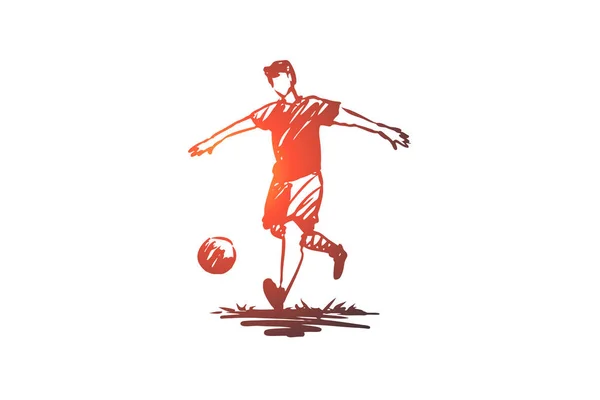 Football, joueur, football, jeu, concept d'action. Vecteur isolé dessiné à la main . — Image vectorielle