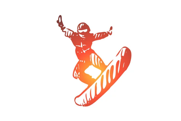 Snowboard, sport, winter, extreme, koude concept. Hand getekende geïsoleerde vector. — Stockvector