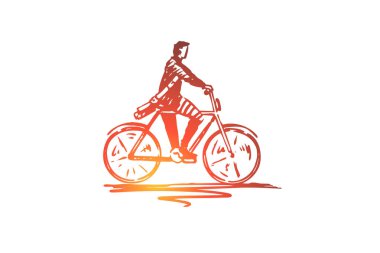 Bisikletçi, Bisiklet, Bisiklet, kişi, eylem kavramı. Elle çizilmiş izole vektör.