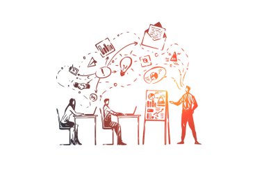 Eğitim, kurs, insanlar, sınıf, öğrenme kavramı. Elle çizilmiş izole vektör.