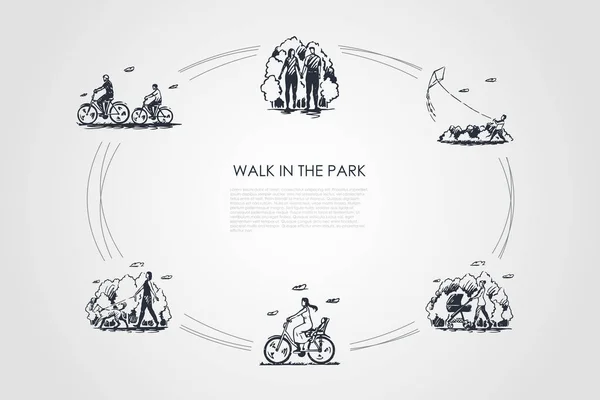 Wandelen in het park - mensen paardrijden fietsen, wandelen met de kinderwagen, vliegers, wandelen hond vector concept set vliegen — Stockvector