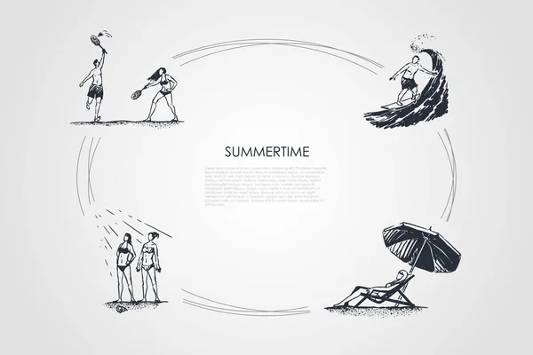 Caminhe no parque - pessoas que jogam badminton, surfe equitação, banho de sol e conjunto de conceito vetor relaxante — Vetor de Stock