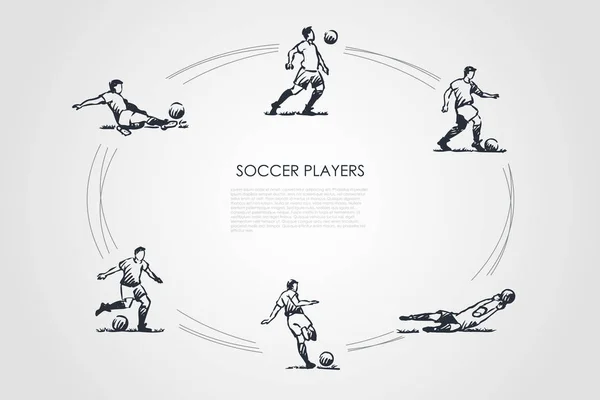 Jogadores de futebol esportistas masculinos em roupas tradicionais em poses diferentes com conjunto de conceito de vetor de bola de futebol — Vetor de Stock