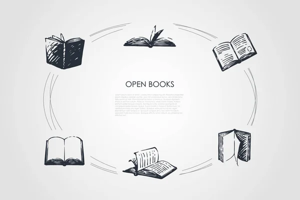 Open boeken - boeken met de geopende pagina's en bekledingen vector concept set — Stockvector