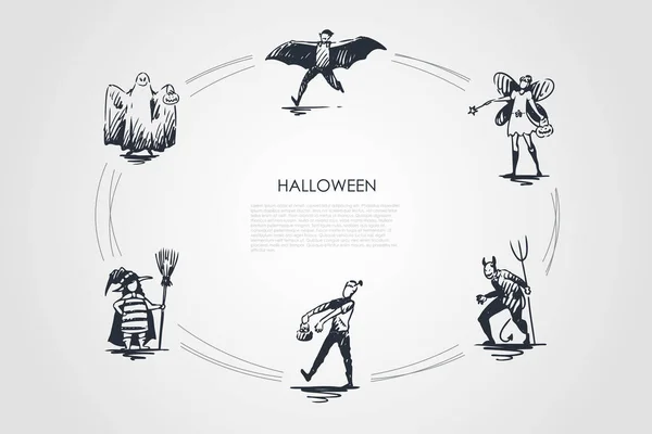 Halloween - Orang-orang dalam kostum hantu, kelelawar, setan, peri, penyihir, konsep vektor zombie ditetapkan - Stok Vektor