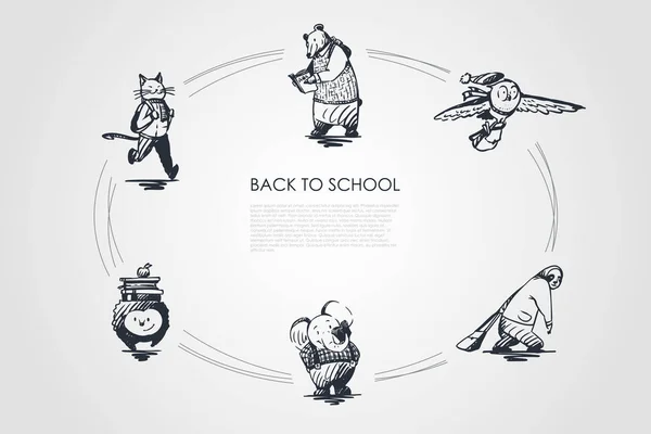 Zpátky do školy - kočka s brašnu, medvěd s knihou, pták s taškou, panda s ĺˇkolnĂ­, hedgehod s hromadu knih a čtení slon vektorové sada koncept — Stockový vektor