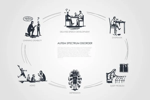 Αυτισμό spectrum διαταραχή - καθυστερημένη ομιλία ανάπτυξης, δυσπραξία, πρόβλημα ύπνου, κατάθλιψη, ΔΕΠ-υ, μαθησιακές δυσκολίες φορέα έννοια που — Διανυσματικό Αρχείο