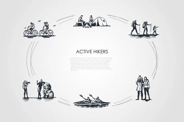 Aktív túrázók - emberek lovaglás kerékpárok, miután a többi, kemping, erdő, túrázás, család, tájékozódás, Térkép, András, vezetés véve vektor-koncepció fényképsorozatot — Stock Vector